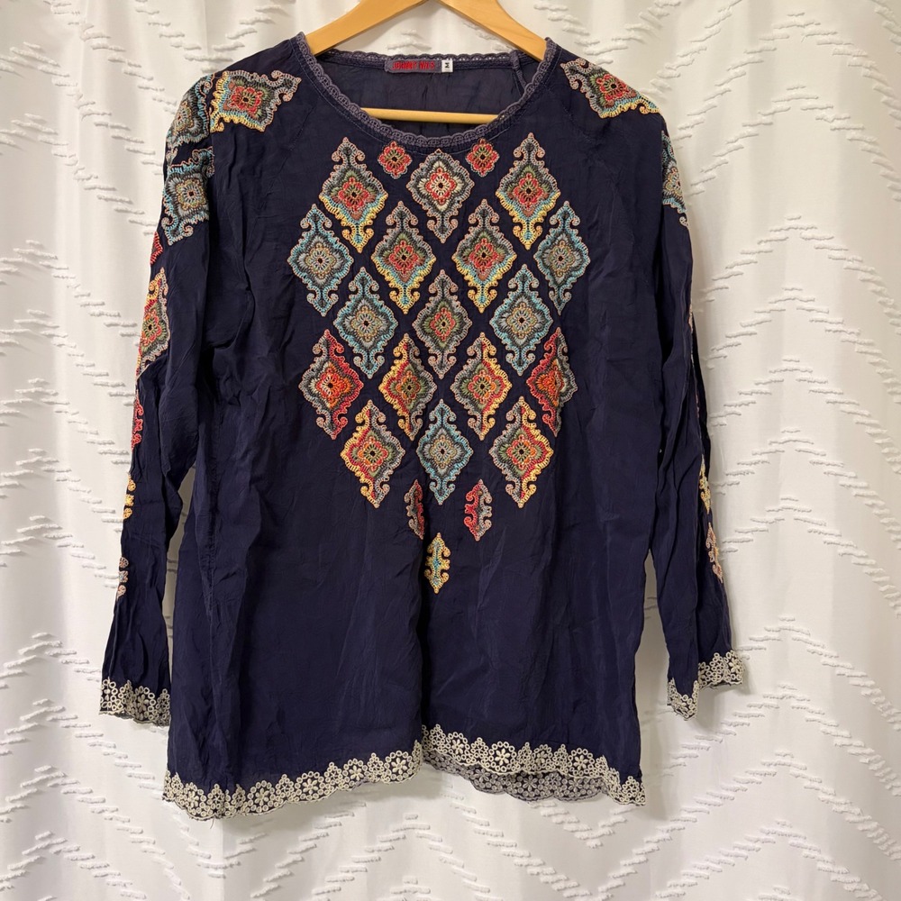 Johnny Was Navy Blue Embroidered Cupra Rayon Blouse C18318-8 Womens Medium